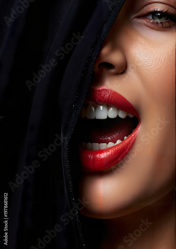 A woman with red lips is dressed as a vampire, with her face covered by a black cloth. Halloween