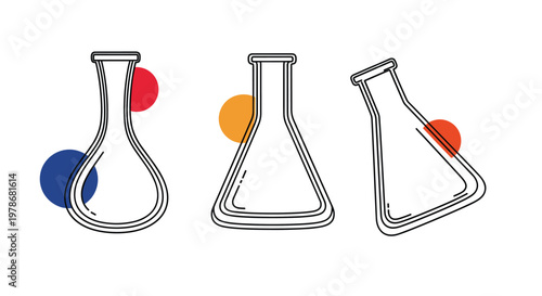 Trio of empty glass laboratory flasks in different orientations with colorful background circles for scientific themes.