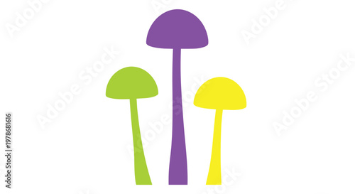 Stylized silhouette illustration of three tall mushrooms in vibrant purple, green, and yellow colors on a white background.