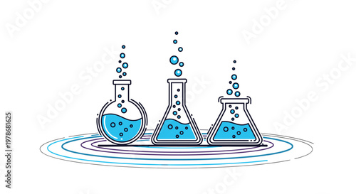 Three laboratory flasks filled with bubbling blue liquid and vapor standing on concentric circle ripples on white background.