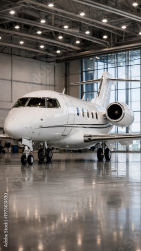 Modern private jet parked inside a spacious aircraft hangar