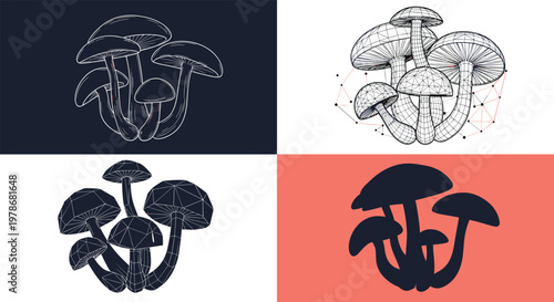 Creative quad of mushroom illustrations featuring hand-drawn, geometric wireframe, and solid silhouette artistic styles.