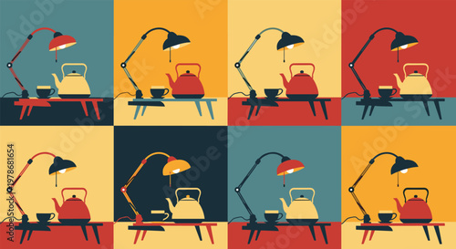 Colorful pop art style grid featuring a desk lamp, tea kettle, and cup in alternating background and object colors.