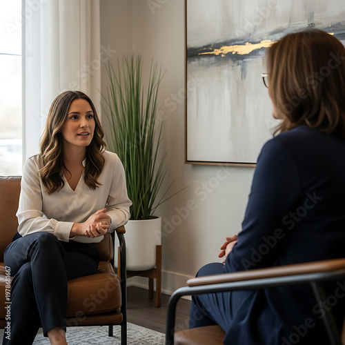 Two women in a professional consultation, one speaking while seated in a modern office setting.