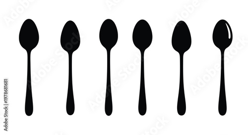A row of six black spoons displayed as a dark silhouette