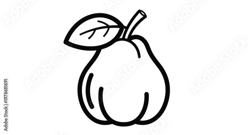 Simple black and white line art illustration of a fresh quince fruit with a single leaf and stem on white background.