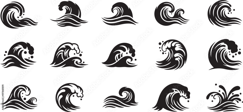 Fototapeta premium Black and white wave icons on a clean white background