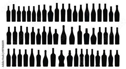 Numerous black bottle shapes arranged in a grid a striking silhouette
