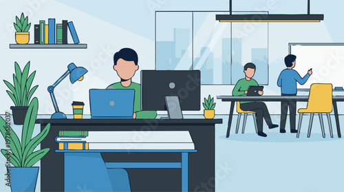 Modern office workspace with busy professionals collaborating and working