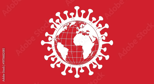 A white globe of the earth is surrounded by red spikes symbolizing the covid 19 pandemic