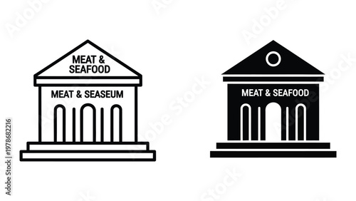Playful comparison of meat and seafood branding with classical architecture