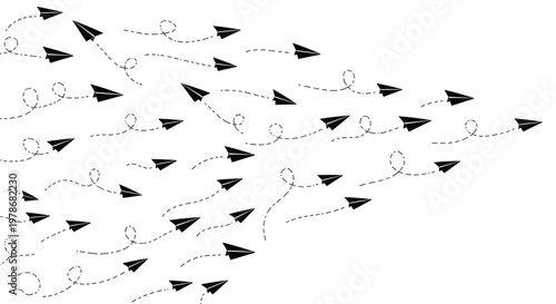 Large group of small black paper planes flying together in a formation with dashed flight path trails on a white background.