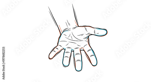 Artistic sketch of an open human hand with fingers spread apart showing the palm and inner details with blue and red outlines.