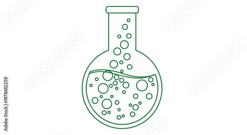 Simple green line art illustration of a round bottom laboratory flask filled with a liquid that is releasing many bubbles.