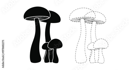 Group of mushrooms depicted in two styles including a solid black silhouette and a matching dashed line art version.