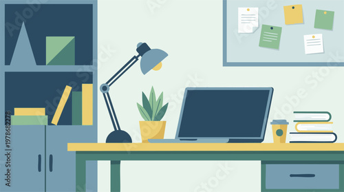 Minimalist home office workspace illustration with laptop, desk, and bookshelf