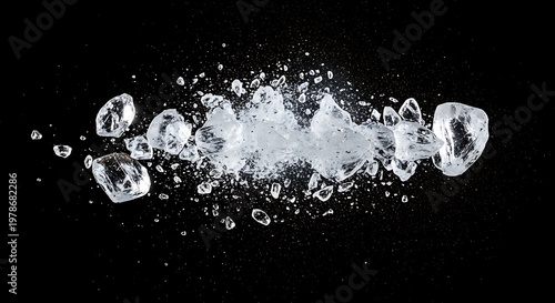 Ice Cubes Crushed Ice Forming a Burst Background on Black