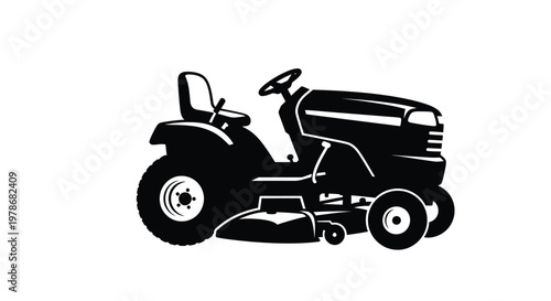 A black silhouette of a riding lawnmower against a white background silhouette