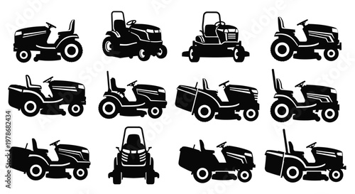 Collection of lawn tractors in various designs black silhouette