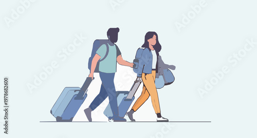 Travel People with Luggage – Flat Couple Travelers Walking with Suitcases Vector Illustration