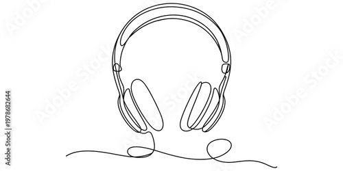 Minimalist continuous line drawing of professional audio headphones on a plain white background