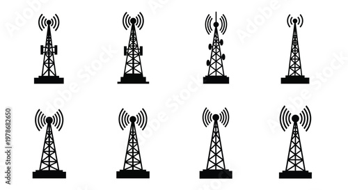 Eight black communication towers arranged on a white background silhouette