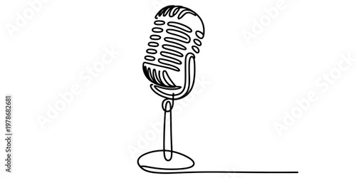 A single continuous line drawing of a vintage microphone isolated on a plain white background area