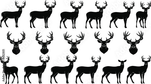 Silhouette collection of deer and stag icons featuring various standing poses and antler styles for nature, wildlife, and outdoor themed designs.