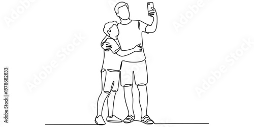 A continuous line drawing depicting a father and his young son taking a casual selfie together