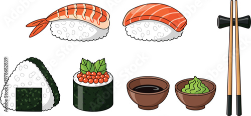 Japanese sushi set with nigiri, maki rolls, rice ball, soy sauce, wasabi and chopsticks vector illustration