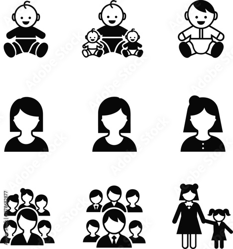 Family and People Icon Set Featuring Cute Baby Avatars, Mother and Daughter, Female Profiles, Corporate Teams, and Diverse Social Group Vector Illustrations