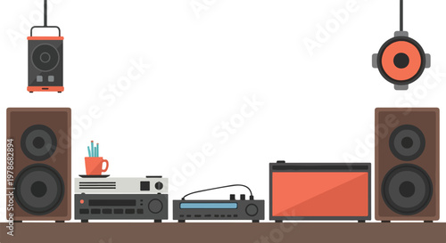 This vector graphic displays a sophisticated home audio setup featuring wooden speakers and modern equipment on a dark brown surface.