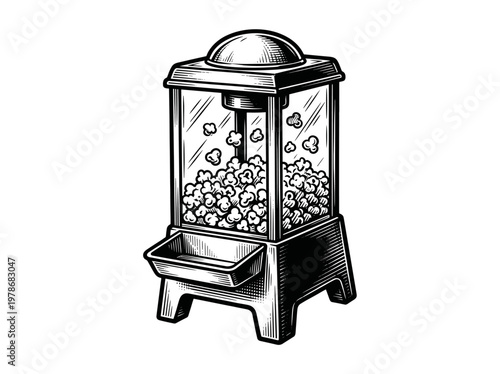 Popcorn Maker Kitchen Appliance Engraving Illustration Black and White Line Art