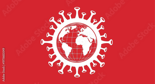 A stark white coronavirus depiction encases a globe set against a vibrant red background