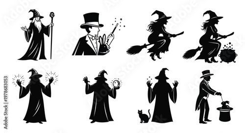 Diverse group of wizards and witches in black silhouette