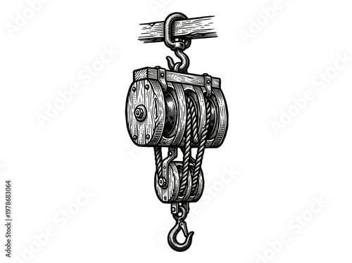 Vintage Pulley System Mechanical Equipment Engraving Illustration Black and White Line Art