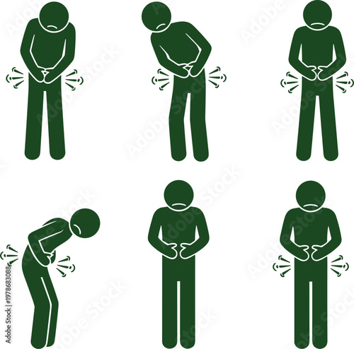 Stomach Ache and Abdominal Pain Icon Set Featuring Green Person Holding Belly, Digestive Problems, Gastritis, Bloating, and Intestinal Cramps Vector Illustrations