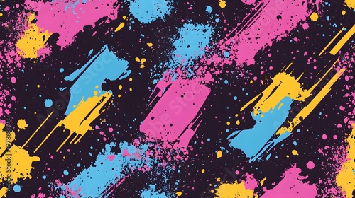 Bright paint splatters and bold brush strokes create a vibrant abstract texture against a dark background.