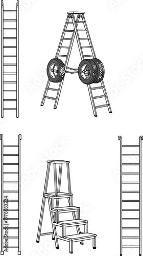 Industrial Ladder and Stepladder Icon Set Featuring Extension Ladders, Mobile Platform Steps, and Specialty A-Frame Ladders for Construction and Maintenance