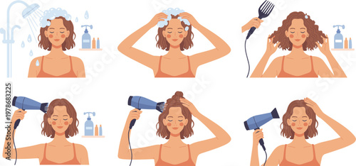 Woman hair care routine set showing washing with shampoo drying with hairdryer and styling wavy hair in flat vector.