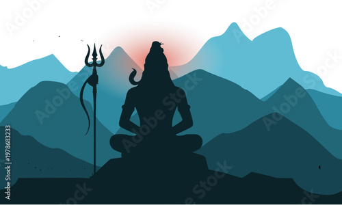Lord Shiva meditating in lotus pose with trishul against scenic blue mountain sunrise, Mahadev spiritual silhouette vector for Maha Shivratri worship