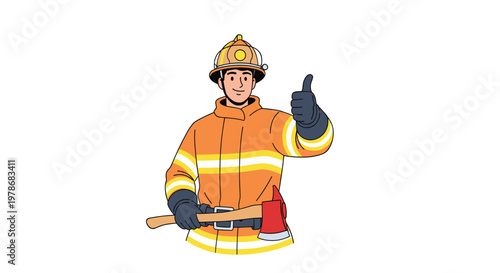 Brave male firefighter in full orange protective uniform and helmet holding an axe and giving a friendly thumbs up gesture.