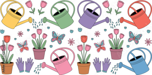 Set of colorful gardening watering cans pouring water on pink tulip flowers with butterflies and gloves in flat vector