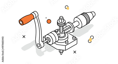 Detailed isometric line drawing of an industrial hand operated mechanical drill press or technical tool with orange handle.