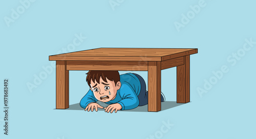 Scared little boy in a blue sweater crying while hiding under a wooden table to escape from something frightening or scary.