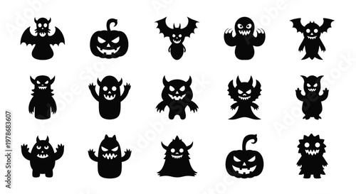 Collection of spooky halloween monster shapes in black silhouette
