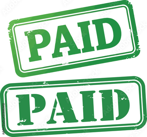 Green 'PAID' rubber stamp graphic elements, perfect for invoices, receipts, and financial documents