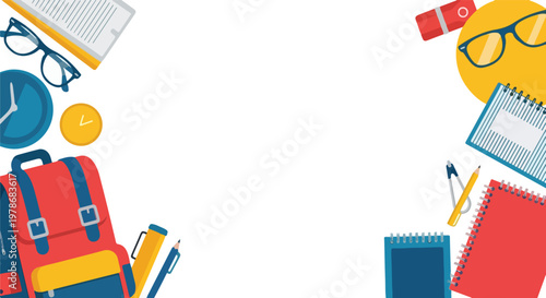 This flat vector illustration features various colorful school supplies and accessories arranged around the corners of a clean white background.