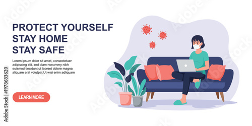 A woman sits on a couch with a laptop while staying home to stay safe during a pandemic