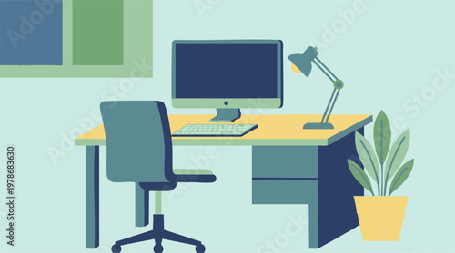 Minimalist flat design illustration of a home office workspace with computer